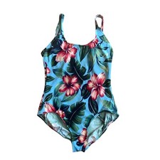 Vintage tropical print red hibiscus flower one piece swim suit Plus Size 16