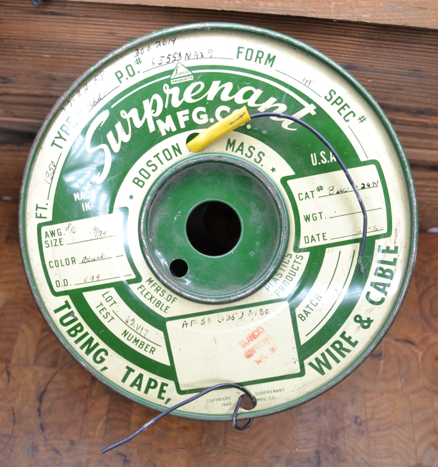 Vintage Surprenant Mfg Metal Cable Spool Wire Partial Roll Boston MA 1948 #16awg
