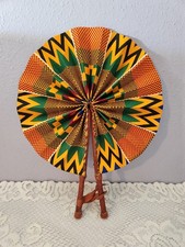 AFRICA Multi Color Kente Folding FAN Leather Handles Fan 15"