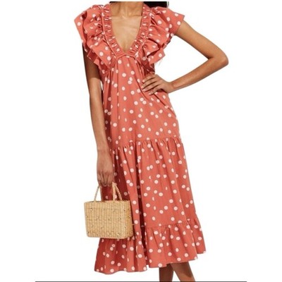 Roller Rabbit Size L Ondine Ruffle Midi Dress in Clay Resort Flutter Sleeve Tier