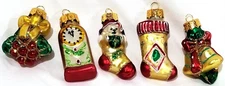 Set of 5 MINI GLASS CHRISTMAS ORNAMENTS clock stockings bells holly berry 1.75"h
