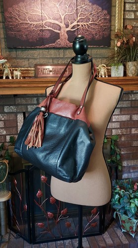 Brighton Klee Black/Brown Large Pebbled Leather Shoulder Tote Handbag