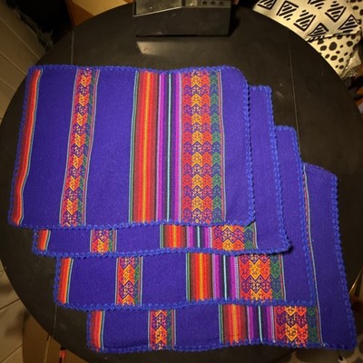 Vintage Peruvian Woven Placemats Set of 4 Andean Style Blue Textile 12x18