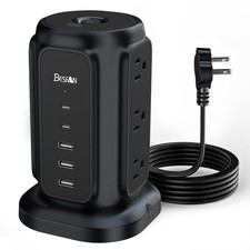 Flat Plug Power Strip Tower with 9 Outlets 5 USB Ports 2 USB C , 1625W 6.5Fe...