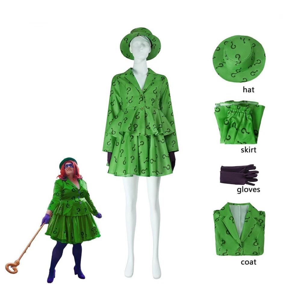 Woman Riddler Cosplay Costume Gotham Green Coat Skirt Hat Riddler Outfit - Image 3 of 4