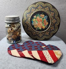 Vintage Cottagecore Lot Holland Tin Ball Mason Jar Spools Quilted Heart Coaster