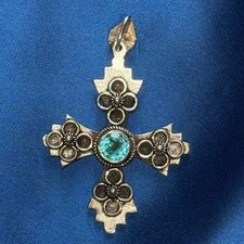 Vintage 800 Silver & Blue Topaz Colored Glass Jerusalem Cross ISRAEL