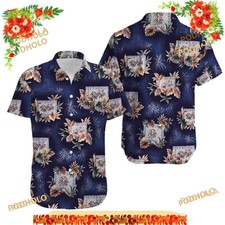 Men's Hawaiian Shirt Tropical Floral Palm Print Button Up Short Sleeve Navy Blue