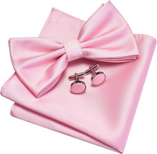 Mens Solid Color Double Fold Pre-tied Bow Tie and Pocket Square Cufflink Set wit