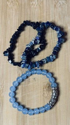 3  Blue Stone Stretch Bracelets Blue Topaz Sodalite Blue Goldstone  7.5-8.5 