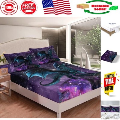 Dragon Bedding Set with Purple Nebula Fitted Sheet for Twin Beds - Kids Decor