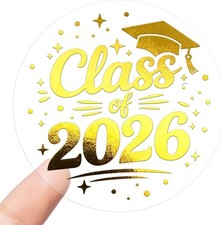 100 PCS Class of 2026 Graduation Stickers 1.6 Inch Transparent PVC Gold Foil