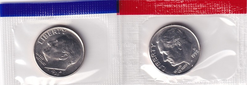 1998 P & D Roosevelt Dimes 10c 2Coins Set Mint in Cello #2055