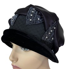 1920s Flapper Cloche Hat Black Satin Beaded Patricia Josephine Women's S/M