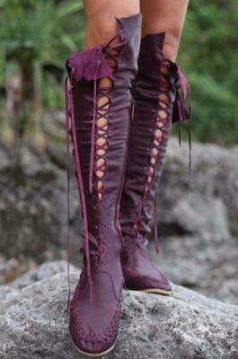Women's Lace Up Over The Knee Boots Roman Shoes High Top Gladiator Moccasin Shoe