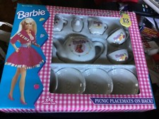 Vintage 1994 Barbie 13 Piece China Tea Party Set Box with Picnic Placemats White