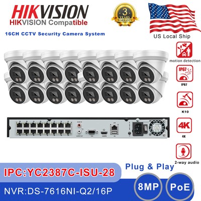 Hikvision Compatible 16CH CCTV System Kit 8MP ColorVu IP Camera 2-Way Audio Lot