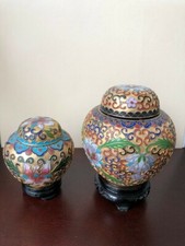 Two Chinese Cloisonne ginger jars with wooden stands (Flower design)