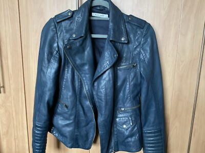 Naf Naf Marine Blue Super Soft Lambskin Leather Biker Jacket Uk