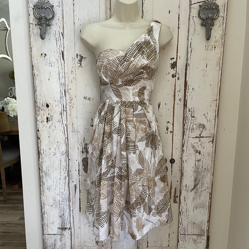 Suzi Chin For Maggy Boutique Size 4 Woman's Brown Beige White One Shoulder Dress - Picture 2 of 9