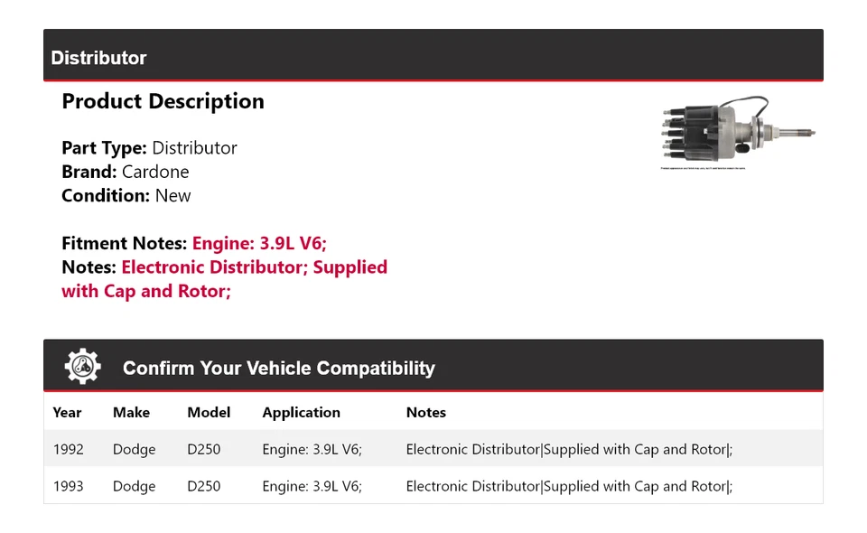 Para Dodge D250 1992-1993 3,9 L V6 distribuidor Cardone Foto 2 de 4