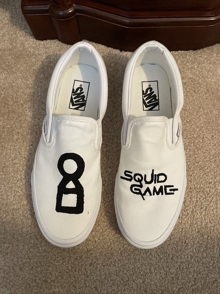 CUSTOM VANS WHITE SLIP ON SQUID GAME SNEAKERS MEN WOMEN 10
