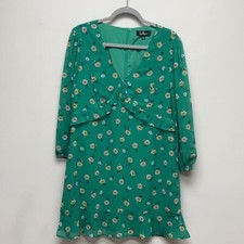 Lulus Womens Shift Dress Green Yellow Floral Ruffle V Neck Long Sleeve Zip XL