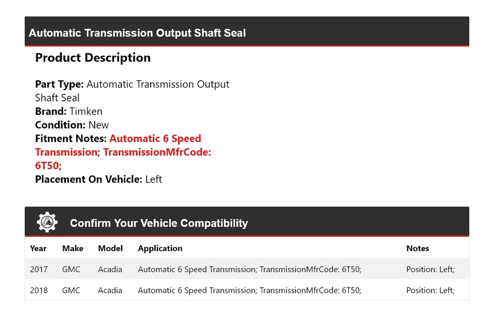 Sello del eje de salida de transmisión automática Timken izquierdo para GMC Acadia 2017-2018 Foto 2 de 4