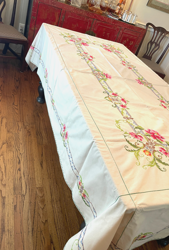VTG EXCEL GORGEOUS HAND SEWN CROSS STITCH TABLECLOTH ROSES ON TRELLIS 8'4"X5'4" - Picture 14 of 22