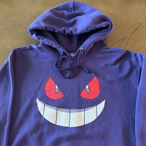 Vintage Y2K 2000 Pokemon Jerzees Gengar Face Print Purple Hoodie Size Medium