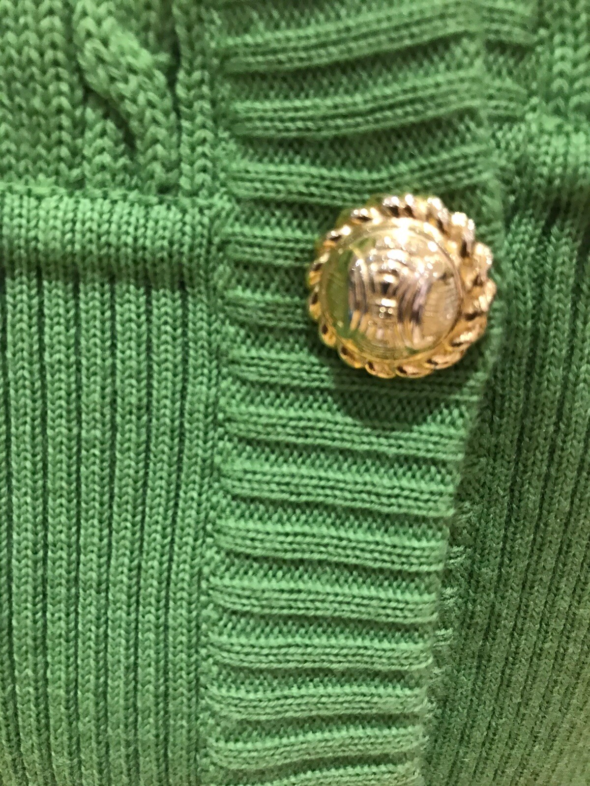 CELINE Paris Green Pure Wool Cardigan, Size 46 Gold Buttons, with repairs  6