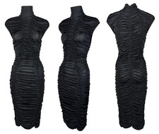 Vintage 1990's Dolce & Gabbana Semi-Sheer Black High Neck Ruched Wiggle Dress