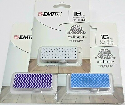 EMTEC 16GB / Go Flash Drive Cle USB 2.0 Wallpaper. lot of 3 color patterns NEW