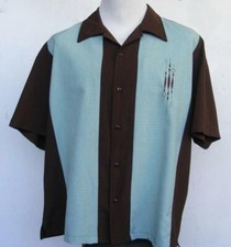 Steady Bowling Shirt L Atomic Lounge Club MCM Panel Mint Green Brown Vtg 90s USA