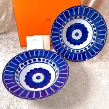 Hermes Pasta Soup Deep Plate Bleus d'Ailleurs Porcelain 24cm Set of 2 with Case