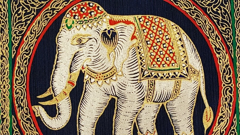 Dark Blue Thai Silk Painting White Elephant Art Poster Print Asian Home Decor - Image 3 of 4