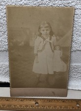 Antique Sepia Cabinet Card Photo Little Girl W Porcelain Doll ID'd Cloe Kingsley
