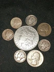Lot US Silver Coins 1887 Morgan Silver Dollar, 1 Quarter, 5 Dimes, 1 Nickel