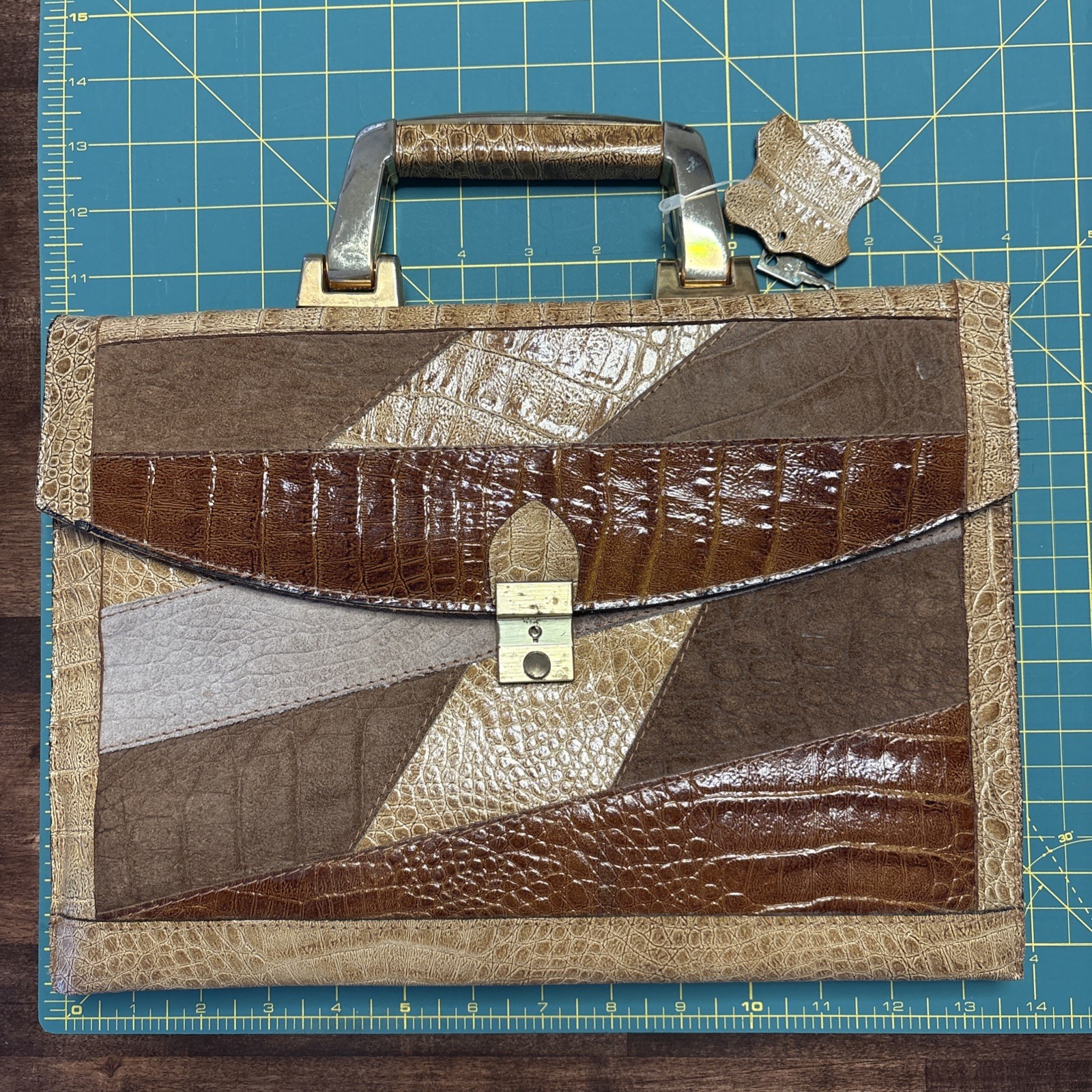 Vtg Satchel w Key Brown Patchwork Document Portfo… - image 15