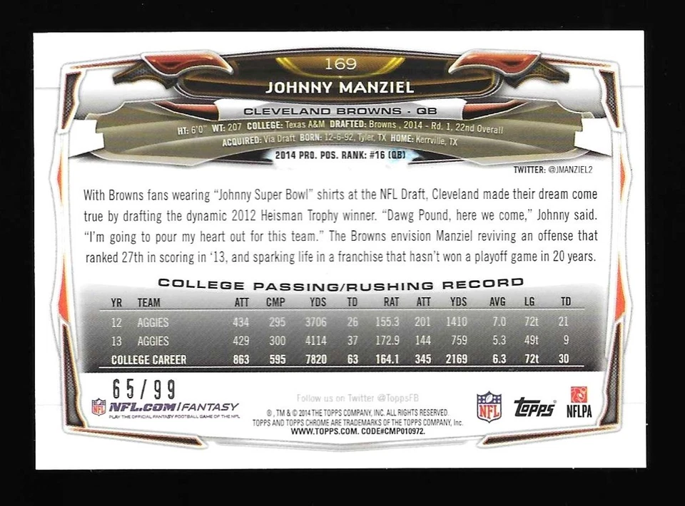 Johnny Manziel 2014 Topps Chrome Sepia Refractor Rookie Card #65/99 Browns SP - Image 2 of 2