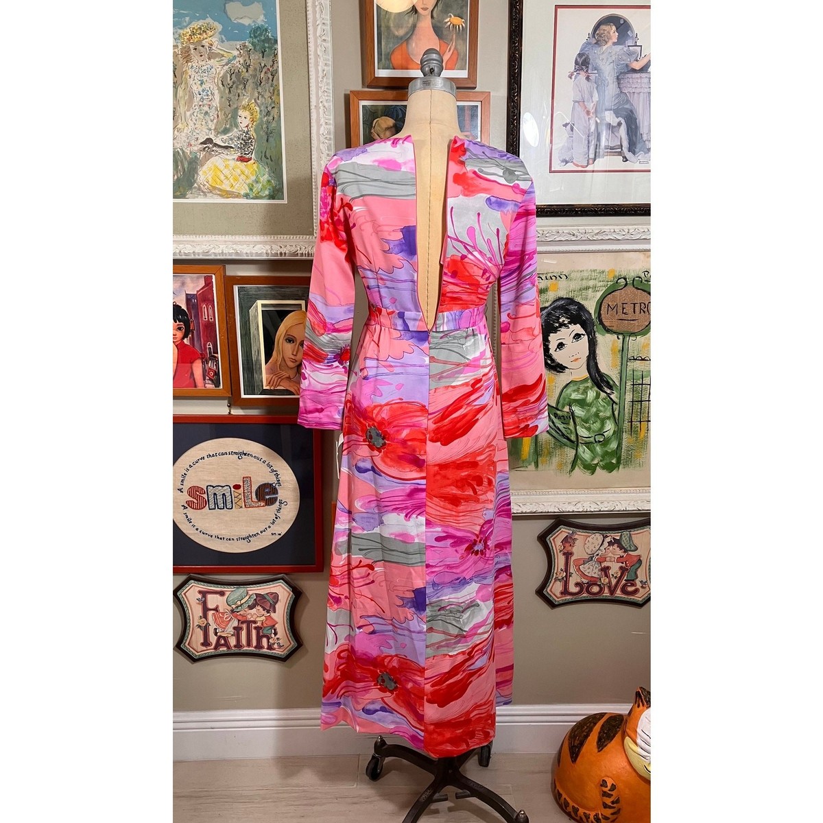 lauiさま Vintage 1970s Laui Kai Hawaiian Floral Maxi Dress Pink Tropical