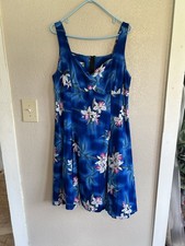 Vintage Blue Hawaiian Dress Sundress Large Two Palms Made In Hawaii USA Rayon