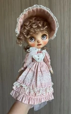 Blythe Doll Clothes -- Retro Style Pink Long Dress Set (OOAK)