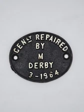 BR Derby Cast Iron Plate – “GENLY REPAIRED BY M DERBY 3-1964” British Rail