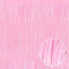 Macaron Pink Foil Fringe Curtains Backdrop Metallic Streamers 6.6 Ft 3 Pack
