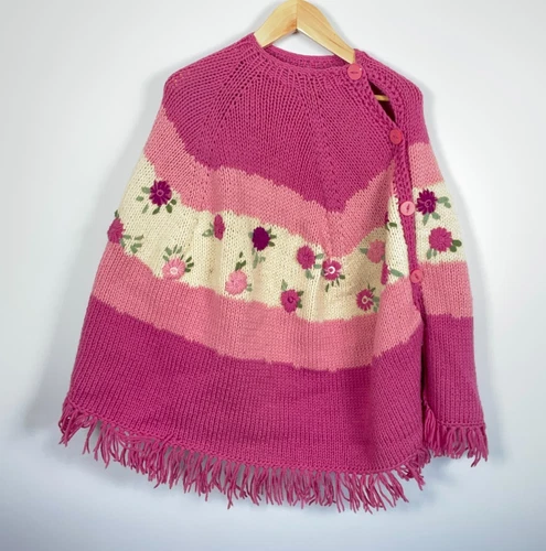 VTG Hand Knit Wool Fringe Poncho Women's One Size Pink Stripe Floral Embroidery