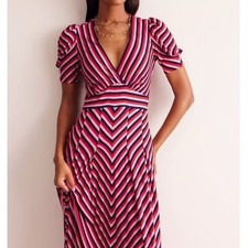 Boden Kristen Red Pleated Stretch Jersey Striped Midi Dress Retro Romantic Sz 6P