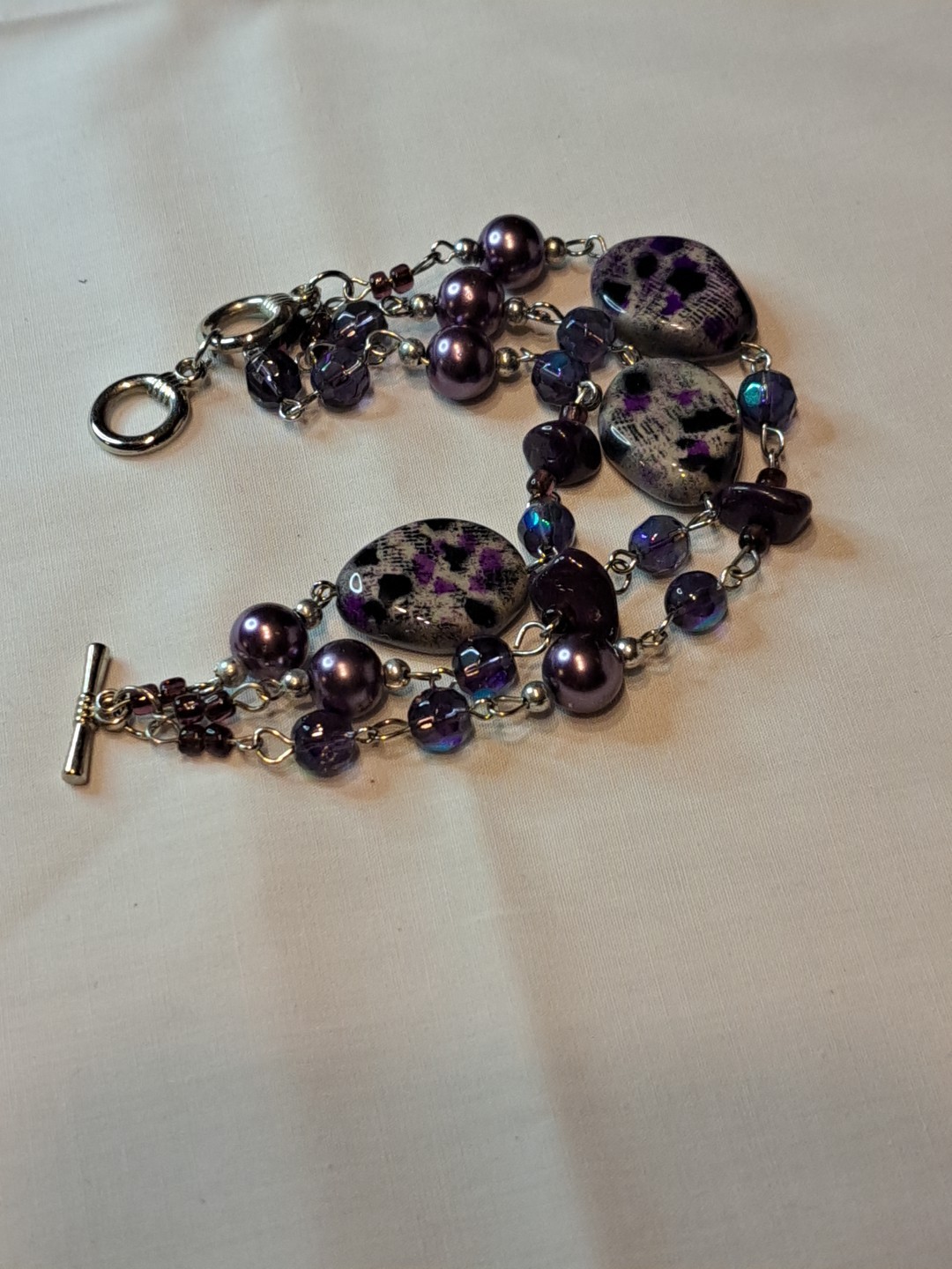 Vtg Purple Stone Three Layer Toggle Bracelet, Sil… - image 1