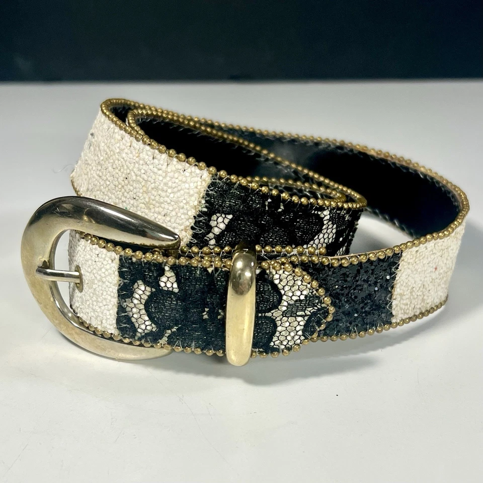 80's Elite California Belt Women's L White Black Glitter Sparkle Lace Gold Studs - Image 2 of 4