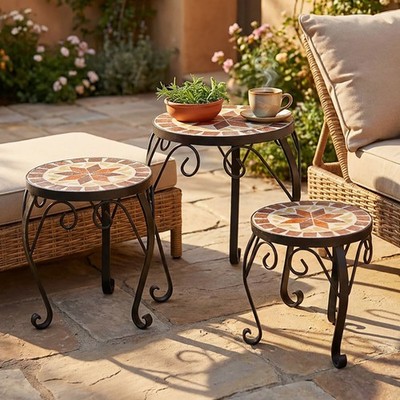 Blumenhocker Gartentisch Beistelltisch Mosaik Design Deko Ablage Metall 3er Set